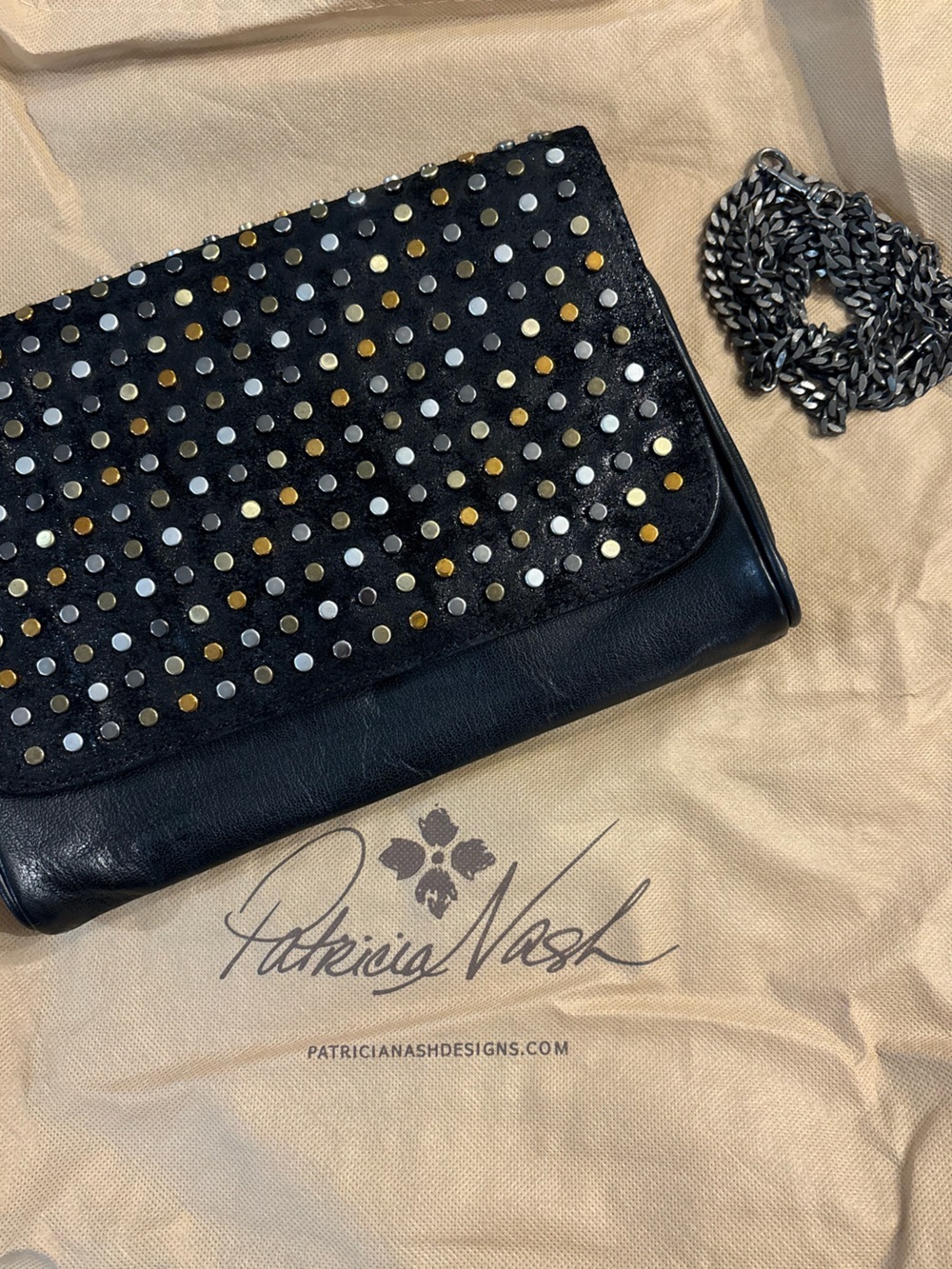 Patricia Nash Black Leather Fold-Over Clutch shoulder bag Mixed Metal Studs